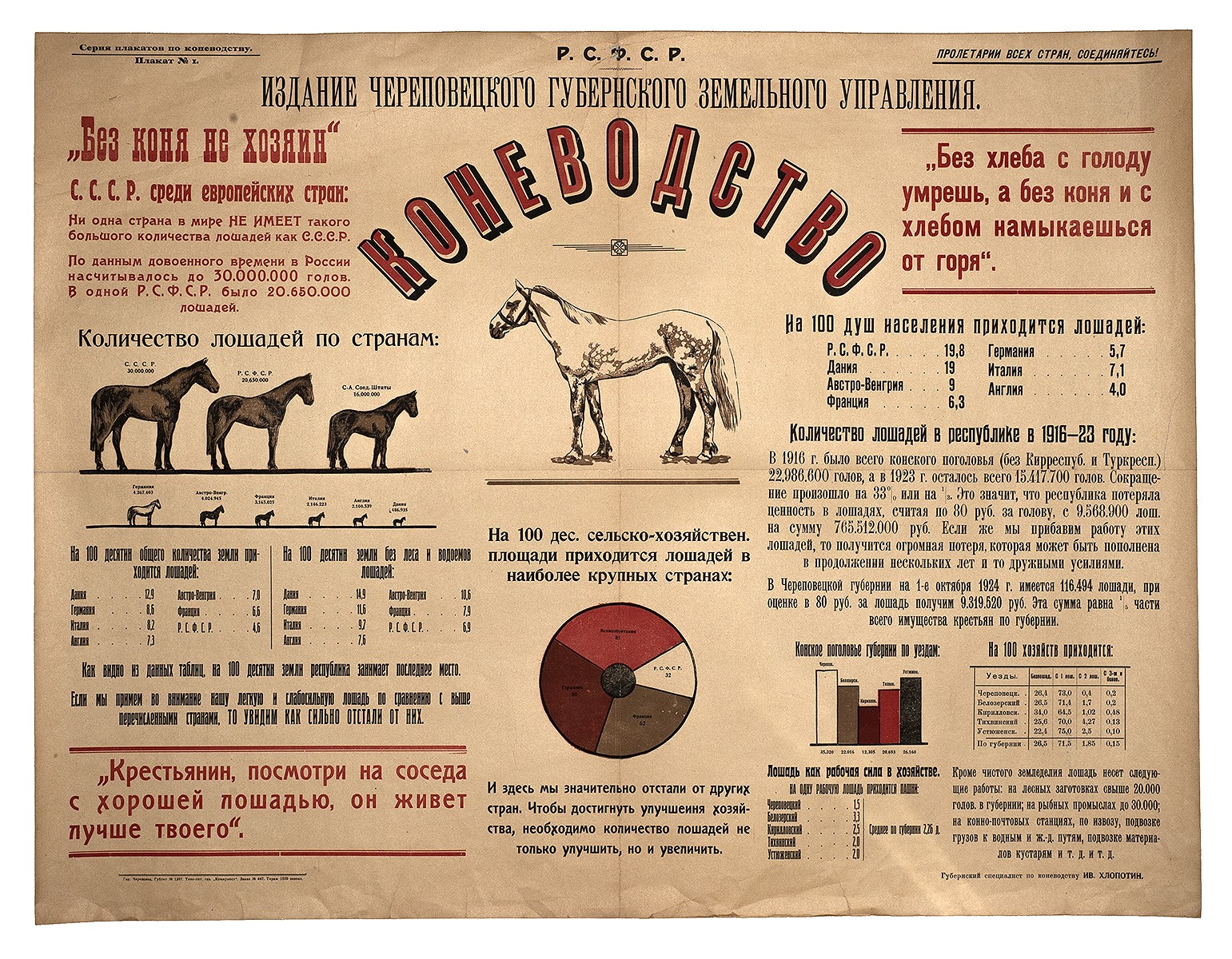 Редкость]. Плакат «Коневодство». Серия плакатов по коневодству. Плакат № 1.  / Тираж 1500 экз. - Череповец: издание череповецкого губернского земельного  управления, [1924]. - 1 л.; 71х91 см.| Лот №314 - Аукционный дом  Антиквариум.